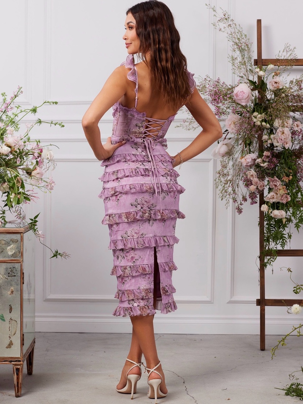 V. Chapman Lavender Floral Tiered Ruffle Midi Dress